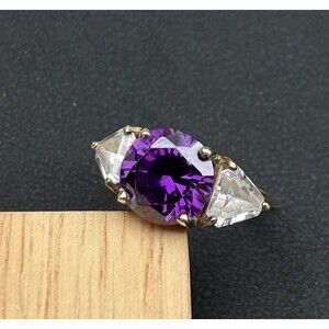 925 Sterling Silver Purple CZ Three Stone Ring Size 6 Statement